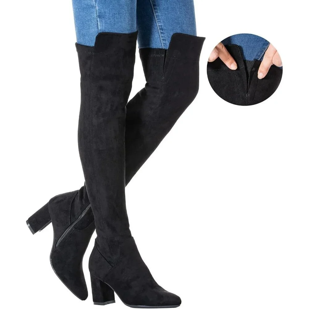 Women Black/3 Inch Heel Faux Suede Over The Knee Thigh High Low Block Heel Boot